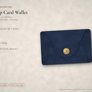 May include: A digital PDF sewing pattern for a Wrap Card Wallet. The image displays a dark blue, one-piece, origami-style folded wallet with a single gold-coloured snap closure. Text details include dimensions of 96 x 64 x 12 mm and leather requirements.