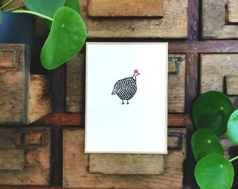 etching guinea fowl, bird, love, animal, dots, black and white, red crown, illustration, art, humour, linoprint, minimalist, Sandrine Péron