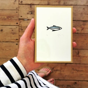 Linocut striped mackerel, blue fish, paper print, engraving, wall decoration, minimalist art, minimal, animal, by Sandrine Péron