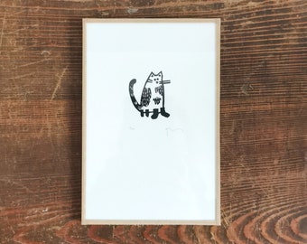 gravure chat, animal, minimaliste, humour, linogravure, art, décoration murale, illustration tirage noir, impression limitée, Sandrine Péron