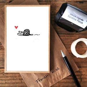 incisione di lumaca, cuore, bacio d'amore, bacio alla francese, minimalista, linoleografia, arte, decorazione murale, illustrazione, Sandrine Péron