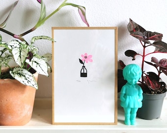 Linocut flower vase, petals, black pink plant moth, plant engraving, paper print for wall decoration, love, Sandrine Péron