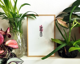 Linocut flower, black pink plant lupin, plant engraving, paper print for wall decoration, love, Sandrine Péron