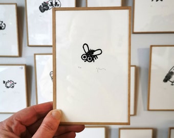 fly engraving, insect, big eyes, minimalist, black and white, linoleum, humor, mood, funny face, Sandrine Péron wall decoration