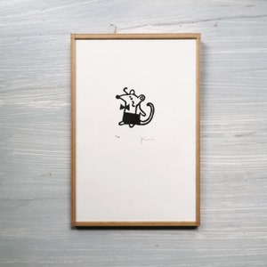 incisione di topo, baffi, hipster, minimalista, bianco e nero, linoleum, linoleografia, animale, umorismo, edizione artistica, decorazione Sandrine Péron