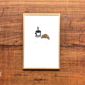 Linoleumsnitt av kaffe, croissant, frukost, kök, minimalistisk, linoleum, kök, humor, minimal, dekoration, Sandrine Péron