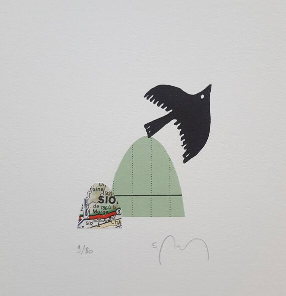 Gravure Lenvol Oiseau Montagnes Carte Minimaliste Noir Et Blanc Vert Linogravure Art Décoration