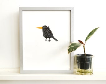 Engraving bird, mask, impostor, mood, big beak, wall decoration, design, linocut, minimalist, Sandrine Péron