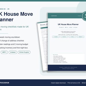 UK House Move Planner Printable A4 | Moving Checklist, Change of Address List, Packing Inventory, Moving Budget | Digital Download