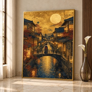 May include: A framed wall art print depicting a night scene of a canal in a Japanese town. A person in a kimono stands on a stone bridge. The scene features golden moonlight, blue water, traditional wooden buildings, and red maple trees.