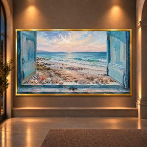 Open Window Beach Scene Canvas Print, Serene Coastal Wall Art with Seashells and Ocean Waves for Home Décor, open window art