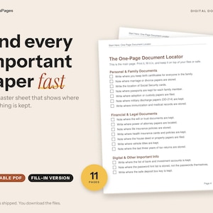 May include: A printable PDF document locator template with 11 pages. The text reads Find every important paper fast, One master sheet that shows where everything is kept, and The One-Page Document Locator with checklists for personal, financial, and legal documents.