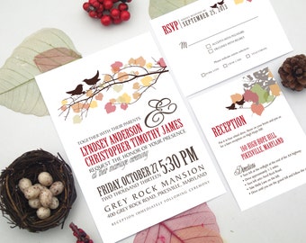 Autumn Wedding Invitation Design w. Fall Leaves and Love Birds - Whimsical Vintage Printable Rustic Country Invite Set