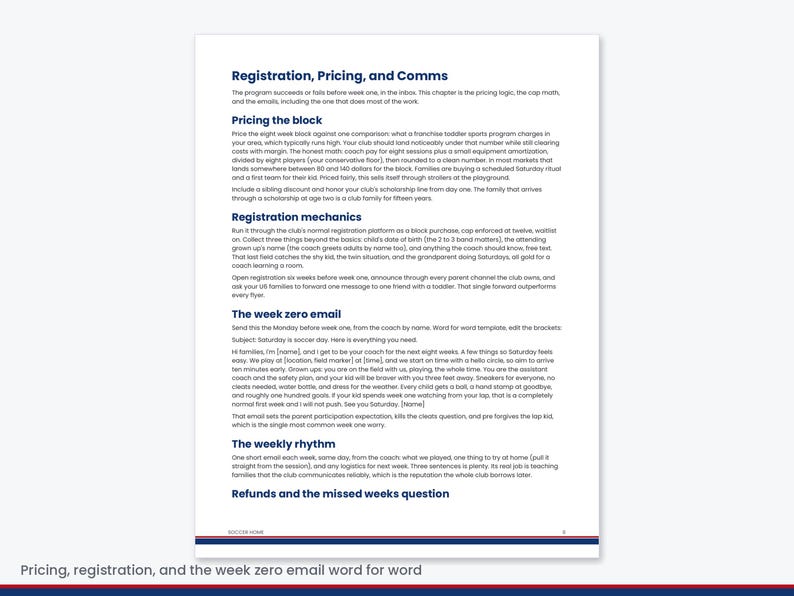 Pu&ograve; includere: Una pagina di documento bianca con testo blu scuro intitolata Registration, Pricing, and Comms. Il contenuto delinea strategie aziendali per un programma sportivo per bambini piccoli, inclusi prezzi, meccaniche di registrazione ed e-mail.