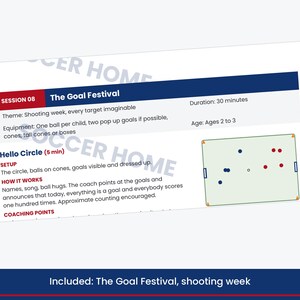 Puede incluir: Un documento titulado Session 08 The Goal Festival, que detalla un plan de entrenamiento de f&uacute;tbol para ni&ntilde;os de 2 a 3 a&ntilde;os. Incluye una duraci&oacute;n de 30 minutos, una lista de equipo e instrucciones para la actividad Hello Circle con un diagrama de campo.