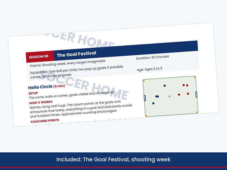 Puede incluir: Un documento titulado Session 08 The Goal Festival, que detalla un plan de entrenamiento de f&uacute;tbol para ni&ntilde;os de 2 a 3 a&ntilde;os. Incluye una duraci&oacute;n de 30 minutos, una lista de equipo e instrucciones para la actividad Hello Circle con un diagrama de campo.