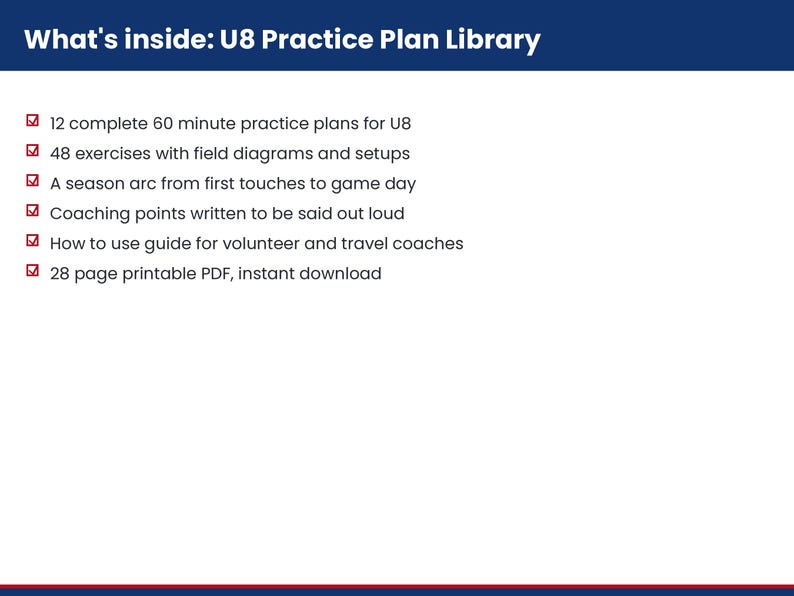 Op de afbeelding: Een digitaal document getiteld What's inside: U8 Practice Plan Library. Het bevat 12 complete trainingsplannen van 60 minuten, 48 oefeningen met velddiagrammen, een seizoensopbouw, coachingpunten, een handleiding en een 28 pagina's tellende PDF.