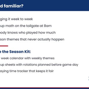 May include: A white informational graphic with dark blue and red text. The header reads Sound familiar? followed by a list of four points marked with red x icons. Below, the text Inside the Season Kit: lists three items marked with red check icons.