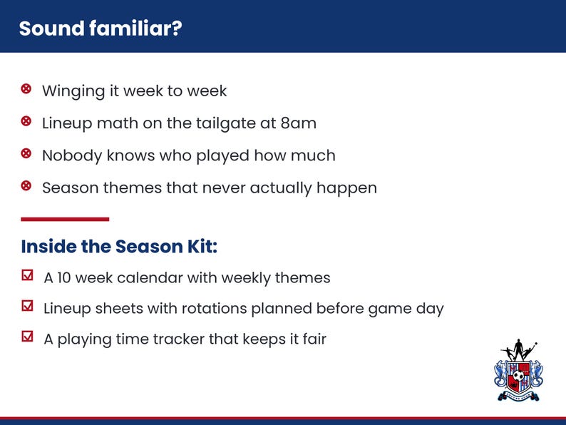 May include: A white informational graphic with dark blue and red text. The header reads Sound familiar? followed by a list of four points marked with red x icons. Below, the text Inside the Season Kit: lists three items marked with red check icons.