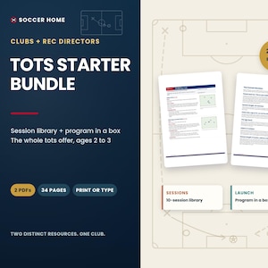 Pu&ograve; includere: Un Soccer Home Tots Starter Bundle composto da due documenti PDF per un totale di 34 pagine per bambini dai 2 ai 3 anni. Il set include una libreria di 10 sessioni e un programma in scatola, presentato come pacchetto 2-in-1 stampabile.