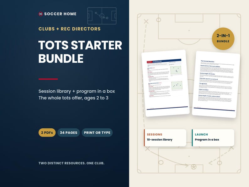 Pu&ograve; includere: Un Soccer Home Tots Starter Bundle composto da due documenti PDF per un totale di 34 pagine per bambini dai 2 ai 3 anni. Il set include una libreria di 10 sessioni e un programma in scatola, presentato come pacchetto 2-in-1 stampabile.