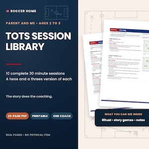 Puede incluir: Un PDF digital de 23 p&aacute;ginas titulado Soccer Home Tots Session Library para ni&ntilde;os de 2 a 3 a&ntilde;os. El documento incluye 10 sesiones completas de entrenamiento de f&uacute;tbol de 30 minutos con dos versiones cada una, juegos narrativos y notas.