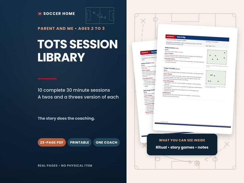 Puede incluir: Un PDF digital de 23 p&aacute;ginas titulado Soccer Home Tots Session Library para ni&ntilde;os de 2 a 3 a&ntilde;os. El documento incluye 10 sesiones completas de entrenamiento de f&uacute;tbol de 30 minutos con dos versiones cada una, juegos narrativos y notas.