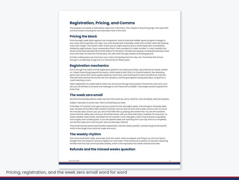 May include: A white document page with dark blue text titled Registration, Pricing, and Comms. The content outlines business strategies for a toddler sports program, including pricing, registration mechanics, week zero email templates, and weekly rhythms.