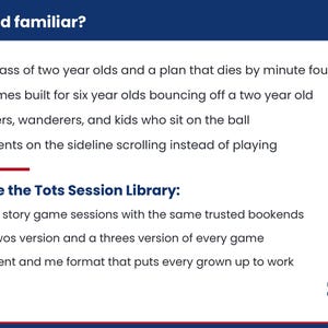 Puede incluir: Un gr&aacute;fico informativo blanco con texto azul oscuro titulado Sound familiar? que enumera desaf&iacute;os con ni&ntilde;os peque&ntilde;os en el deporte, seguido de Inside the Tots Session Library detallando diez sesiones de juego, versiones para dos y tres a&ntilde;os, y un formato para padres e hijos, con un peque&ntilde;o escudo de f&uacute;tbol.