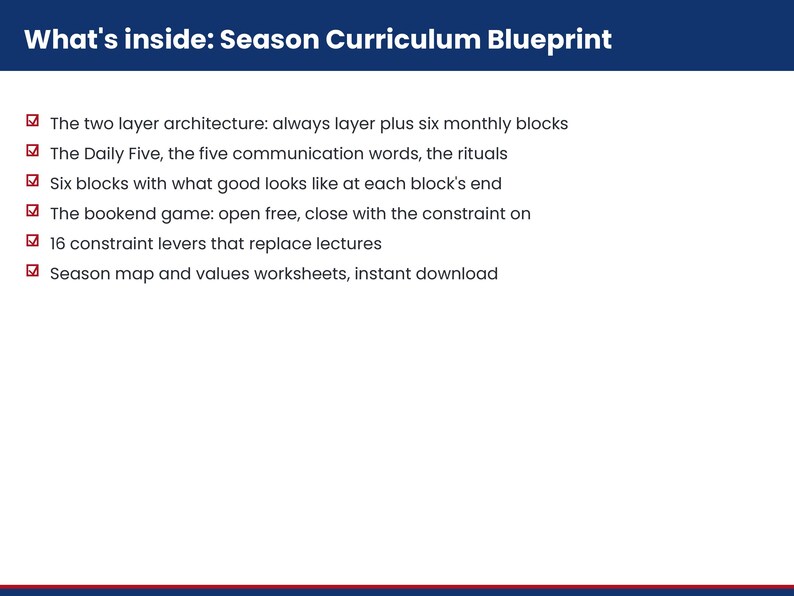 K&ouml;nnte beinhalten: Ein wei&szlig;es Informationsdokument mit dem Titel What's inside: Season Curriculum Blueprint. Es listet sechs Aufz&auml;hlungspunkte mit roten H&auml;kchen-Symbolen auf, die Lehrplankomponenten wie die zweischichtige Architektur, Daily Five und 16 Hebel beschreiben.