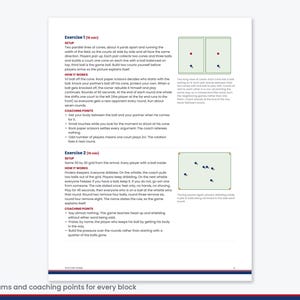 Op de afbeelding: Een documentpagina met de titels Exercise 1 en Exercise 2, voorzien van instructieteksten, coachingpunten en twee diagrammen die veldopstellingen met pionnen en ballen tonen voor voetbaltrainingen, inclusief spelregels en instructies.