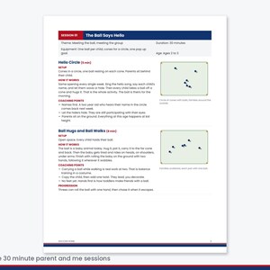 Pu&ograve; includere: Un documento stampato intitolato Session 01 The Ball Says Hello, che delinea un piano di attivit&agrave; di 30 minuti per genitori e figli. Include istruzioni di configurazione, punti di coaching e due diagrammi con coni e palloni per esercizi.