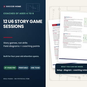 Pu&ograve; includere: Un documento digitale intitolato 12 U6 Story Game Sessions per allenatori di bambini dai 4 ai 6 anni. La copertina blu scuro presenta testo bianco, mentre le pagine interne bianche mostrano diagrammi di campi da calcio e note tecniche.