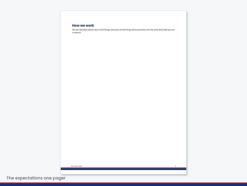 May include: A white document page titled How we work in dark blue text, followed by the sentence We are detailed about very small things, because small things done precisely are the ones that add up over a season. The footer contains the text SOCCER HOME.