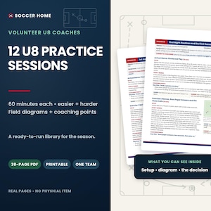 May include: A digital document titled 12 U8 Practice Sessions for volunteer coaches. The dark blue cover features white text, while the white interior pages display detailed football drills, field diagrams, coaching points, and session setups.