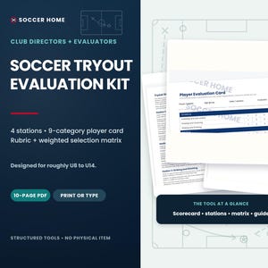 Pu&ograve; includere: Un kit digitale di valutazione per provini di calcio in formato PDF da 10 pagine, che include una scheda di valutazione del giocatore, 4 stazioni, una rubrica a 9 categorie e una matrice di selezione ponderata per le fasce U8-U14.