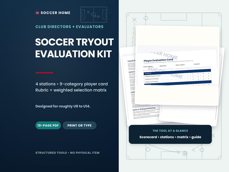 Pu&ograve; includere: Un kit digitale di valutazione per provini di calcio in formato PDF da 10 pagine, che include una scheda di valutazione del giocatore, 4 stazioni, una rubrica a 9 categorie e una matrice di selezione ponderata per le fasce U8-U14.