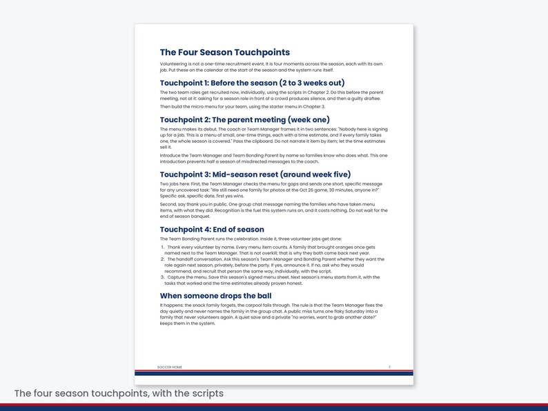 Pu&ograve; includere: Un documento bianco intitolato The Four Season Touchpoints, con testo in blu scuro che delinea quattro fasi di gestione dei volontari: Before the season, The parent meeting, Mid-season reset, End of season, oltre a una sezione sulla gestione dei compiti mancati.