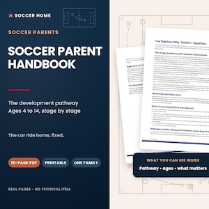Puede incluir: Un manual digital para padres de futbolistas con una portada azul oscuro y texto en blanco que dice Soccer Home, Soccer Parents, Soccer Parent Handbook y The development pathway Ages 4 to 14, stage by stage. Incluye un PDF de 15 p&aacute;ginas.