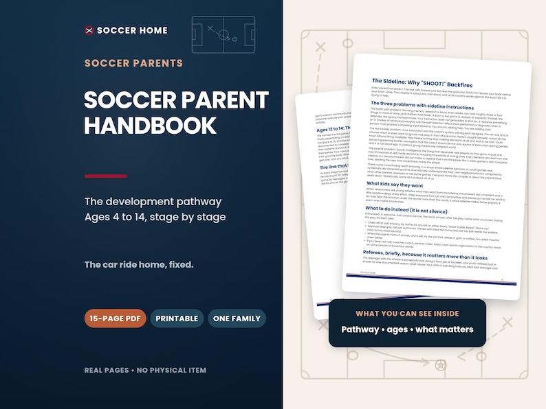 Puede incluir: Un manual digital para padres de futbolistas con una portada azul oscuro y texto en blanco que dice Soccer Home, Soccer Parents, Soccer Parent Handbook y The development pathway Ages 4 to 14, stage by stage. Incluye un PDF de 15 p&aacute;ginas.