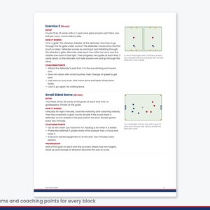 K&ouml;nnte beinhalten: Ein Dokument mit dem Titel Exercise 2 und Small Sided Game mit Anweisungen f&uuml;r das Fu&szlig;balltraining. Es enth&auml;lt Textbeschreibungen f&uuml;r Aufbau, Ablauf und Coaching-Punkte sowie zwei Diagramme, die Spielfeldlayouts mit H&uuml;tchen und Spielern zeigen.
