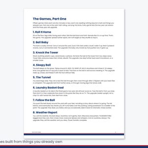 Pu&ograve; includere: Un documento stampato intitolato The Games, Part One, che presenta un elenco di otto attivit&agrave; che coinvolgono una palla. Il testo include istruzioni per giochi come Roll It Home, Ball Baby, Knock the Tower, Sleepy Ball, The Tunnel, Laundry Basket Goal, Follow the Ball e Weather Report, con un pi&egrave; di pagina chiamato Soccer Home.