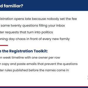 K&ouml;nnte beinhalten: Eine wei&szlig;e Informationsgrafik mit dunkelblauen &Uuml;berschriften Sound familiar? und Inside the Registration Toolkit. Sie listet administrative Herausforderungen mit roten X-Symbolen und L&ouml;sungen mit roten H&auml;kchen auf, inklusive eines kleinen Fu&szlig;ballwappens.