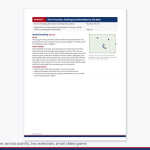 Op de afbeelding: Een voetbaltrainingsdocument getiteld Session 01 First Touches: Getting Comfortable on the Ball. Het beschrijft een training van 60 minuten voor U8-spelers, inclusief benodigdheden, een aankomstactiviteit op een veld van 30 bij 30 yards en tips.