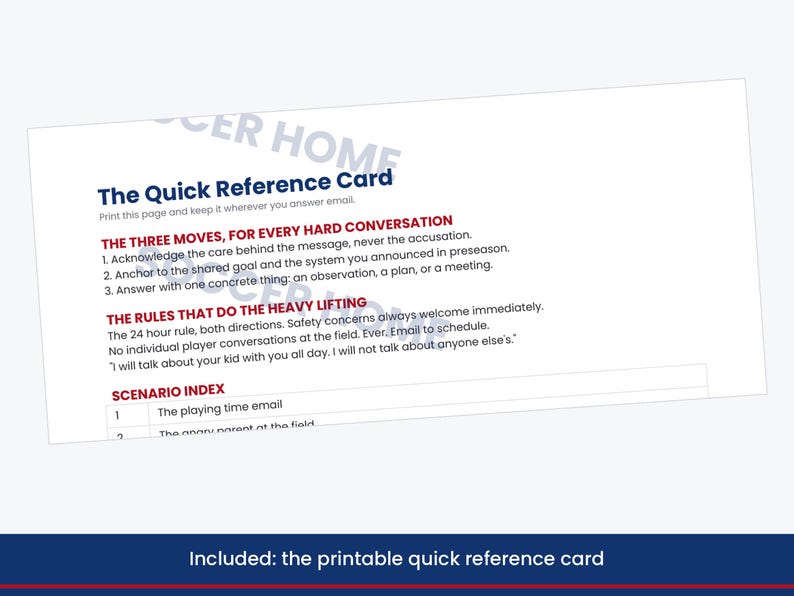 May include: A white printable quick reference card with blue and red text. The header reads The Quick Reference Card. It lists The Three Moves, For Every Hard Conversation, The Rules That Do The Heavy Lifting, and a partial Scenario Index table.