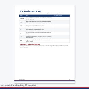 May include: A white document titled The Session Run Sheet featuring a table with columns for When, What, and This week's version. It outlines a 30-minute schedule including arrival, Hello Circle, story games, The Big Goal Party, and Goodbye circle.
