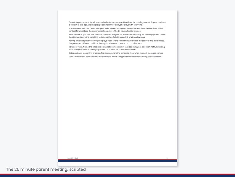 Puede incluir: Un documento blanco titulado Soccer Home con texto negro que describe las expectativas de la reuni&oacute;n de padres, incluyendo pol&iacute;ticas de comunicaci&oacute;n, responsabilidades de equipo, tiempo de juego y roles de voluntariado.