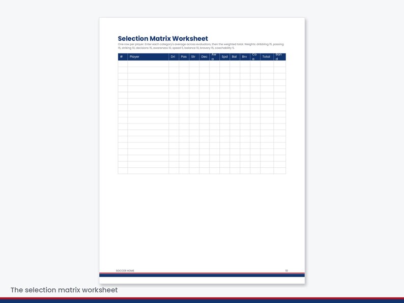 Pu&ograve; includere: Un documento Selection Matrix Worksheet su sfondo bianco con una riga di intestazione blu scuro contenente colonne per numero giocatore, nome e varie categorie di prestazioni, con diverse righe vuote per l'inserimento dei dati.