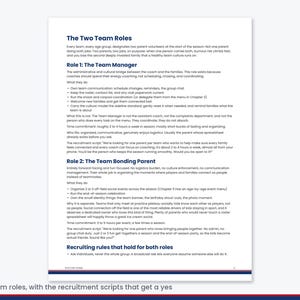 Pu&ograve; includere: Una pagina di documento bianca intitolata The Two Team Roles, che descrive le responsabilit&agrave; di un Team Manager e di un Team Bonding Parent. Il testo illustra i compiti amministrativi, la pianificazione di eventi sociali e i copioni di reclutamento.