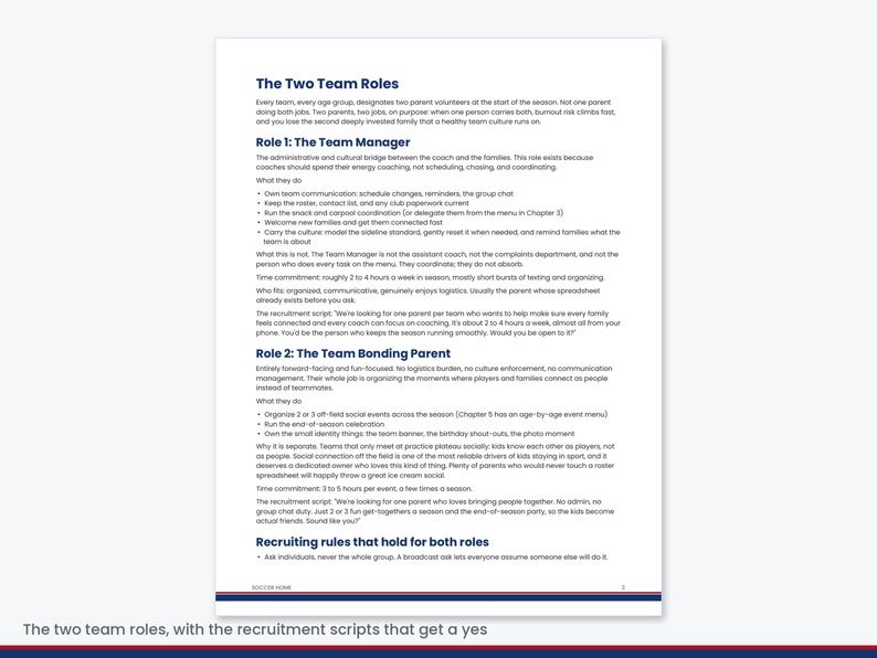 Pu&ograve; includere: Una pagina di documento bianca intitolata The Two Team Roles, che descrive le responsabilit&agrave; di un Team Manager e di un Team Bonding Parent. Il testo illustra i compiti amministrativi, la pianificazione di eventi sociali e i copioni di reclutamento.